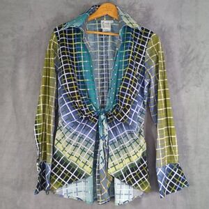 Finley Shirt Womens Large Multicolor‎ Green Plaid Tie Front Collar Cuffs Ombre